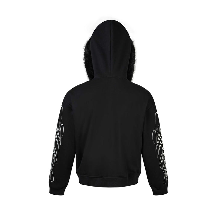 Unisex Oversize Hoodie Jacket made of cotton blend with removable faux fur trim and graphic sleeve prints Mune Fashion