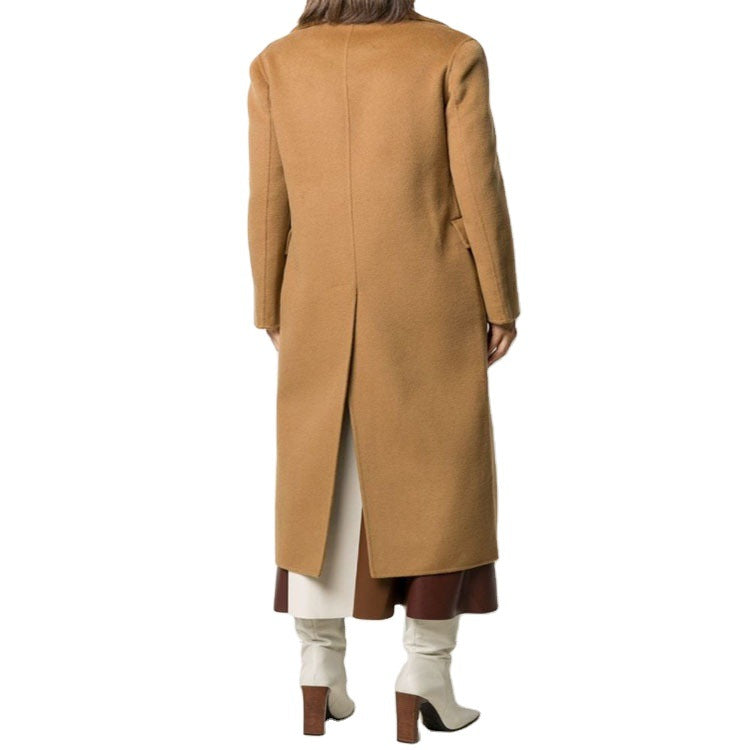 Women's Floor-Length Double-Breasted Wool Blend Long Coat with Subtle Walking Slit and Wide Shawl Collar Mune Fashion