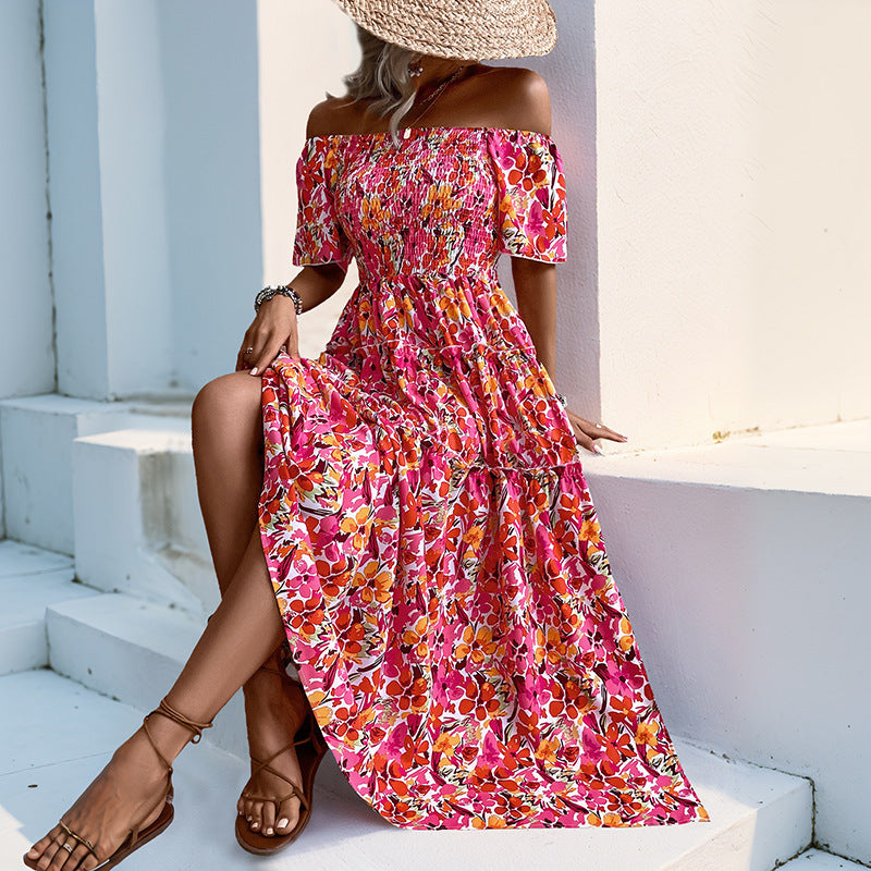 Women's Tiered Maxi Dress with Off-the-Shoulder Neckline, Smocked Bustier and Side Slit Mune Fashion