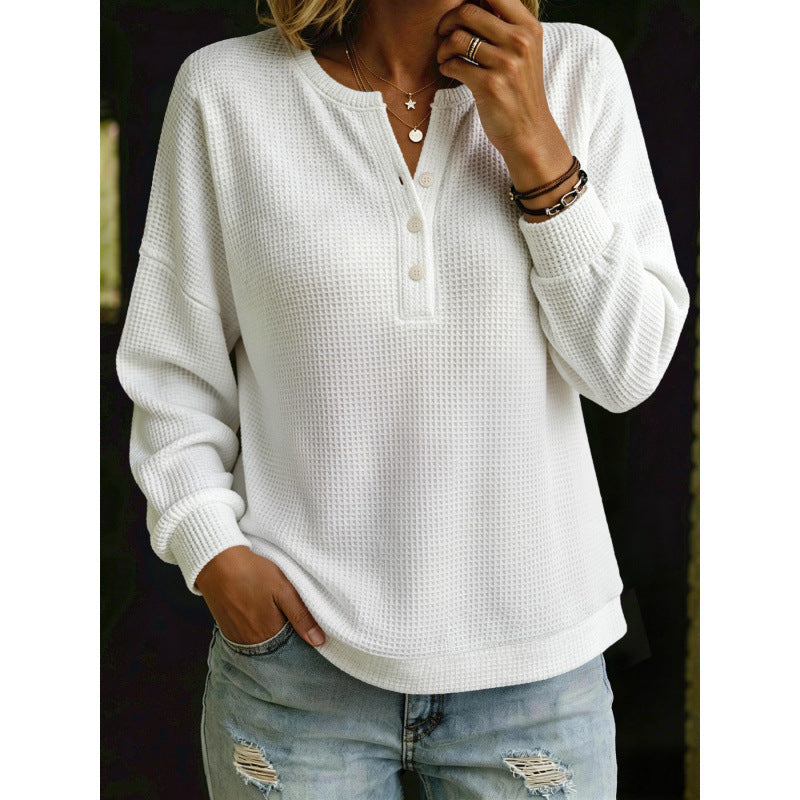 Women's Waffle Knit Henley Sweater with Oversized Cut Mune Fashion