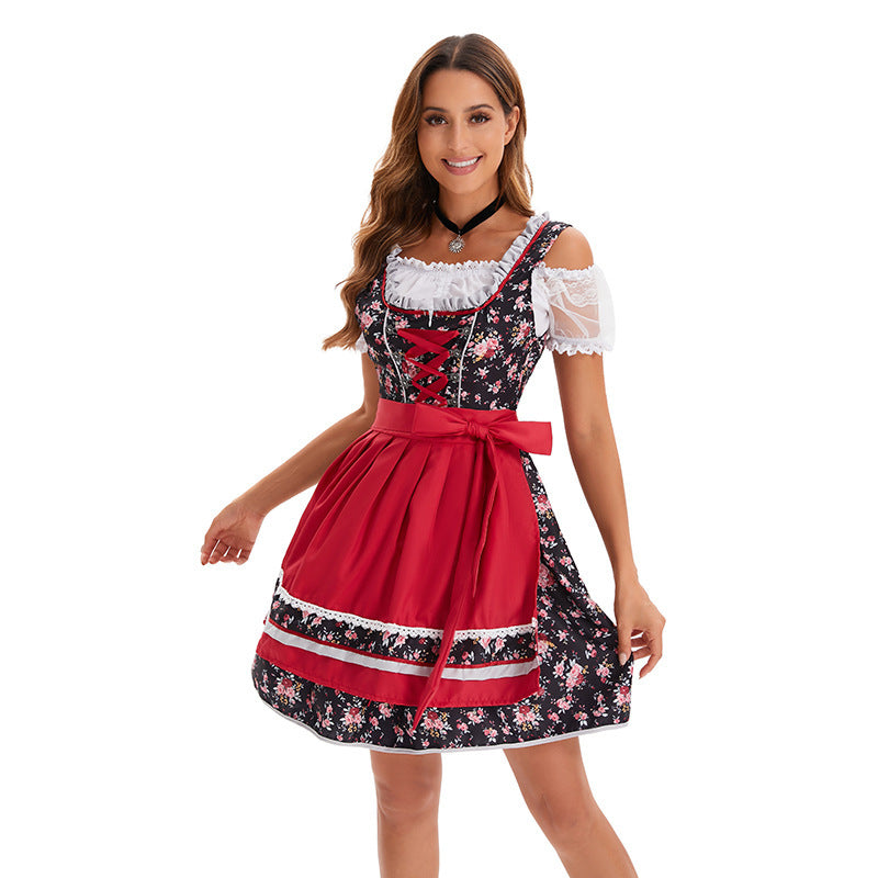 Ladies' short traditional Dirndl with laced corset, Carmen sleeve blouse and decorative apron Mune Fashion