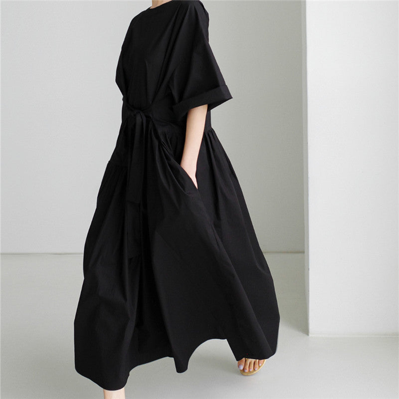 Women's Long Cotton Maxi Dress with Wrap Belt and Side Pockets Mune Fashion