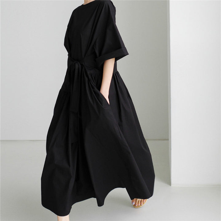 Women's Long Cotton Maxi Dress with Wrap Belt and Side Pockets Mune Fashion