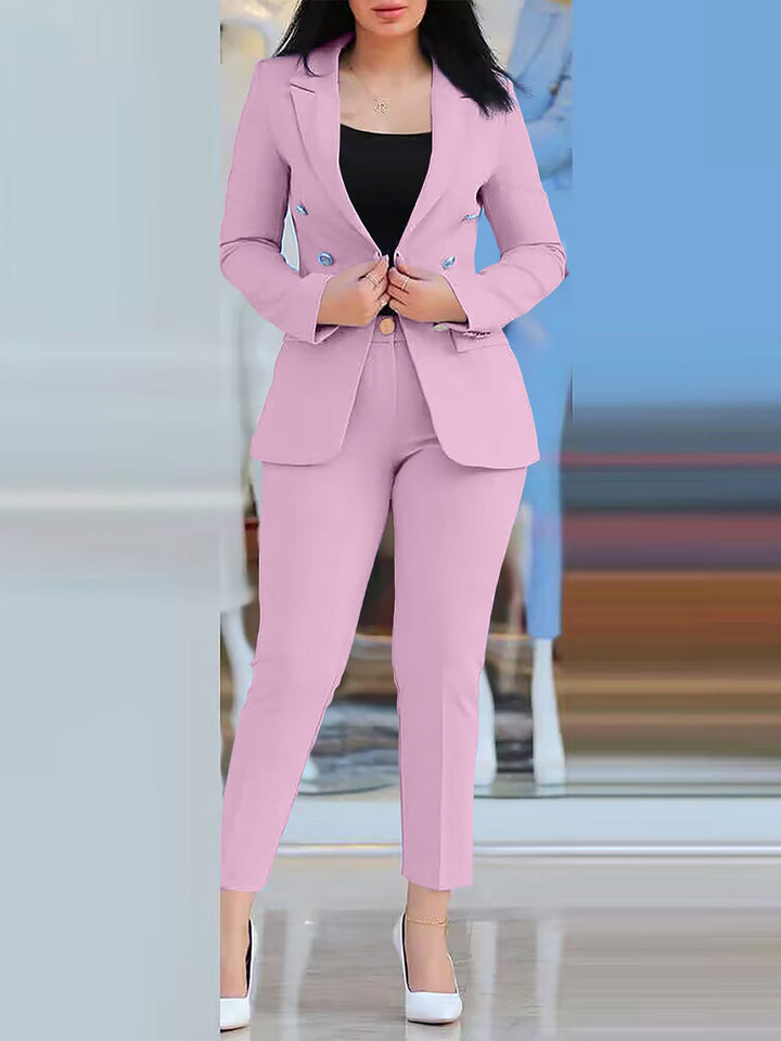 Women's tailored business pantsuit set with double-breasted blazer and tapered waistband pants Mune Fashion
