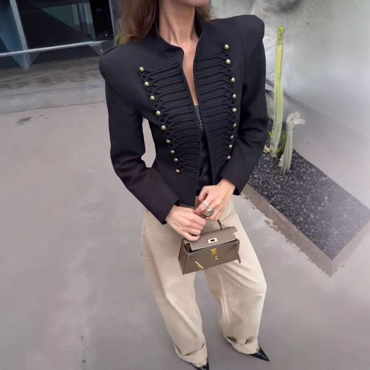 Ladies short jacket inspired by military with stand-up collar and decorative cords Mune Fashion