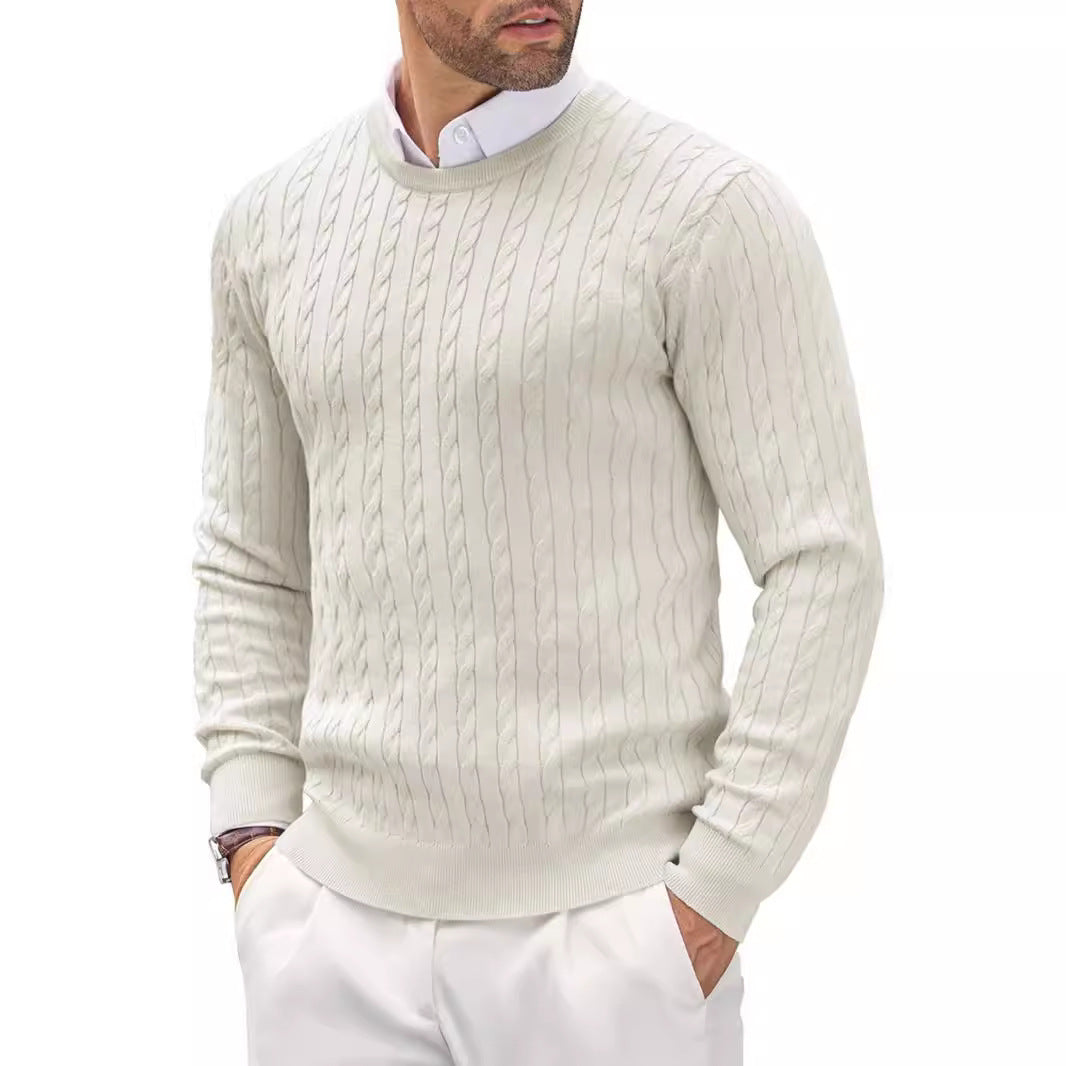 Men's fine knit crew neck pullover with fine cable pattern texture, narrow silhouette and elastic cuffs Mune Fashion