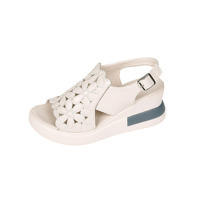 Women's nano wedge sandal with floral laser perforation, padded anatomical insole, and adjustable heel strap Mune Fashion