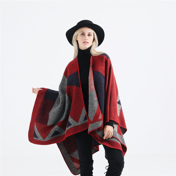 Women's Versatile Wool Blend Throw Poncho with Geometric Jacquard and Open Front