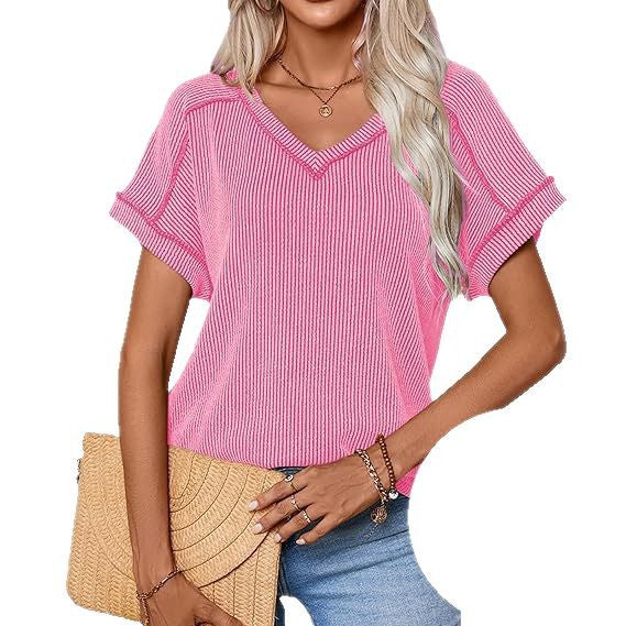 Women Ribbed V-Neck Short Sleeve Fine Knit Top with Turned Up Sleeves Mune Fashion