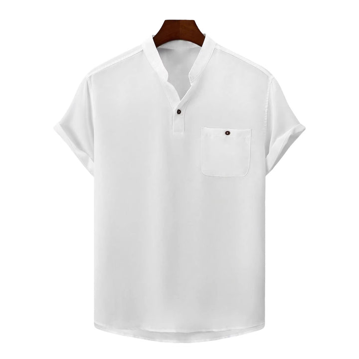Men's casual Mandarin-style short-sleeve shirt with half-button placket, patch chest pocket, and rounded hem Mune Fashion