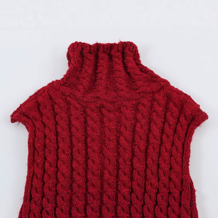 Women Sleeveless Cable Knit Vest with Stand-Up Collar and Full Zipper Mune Fashion