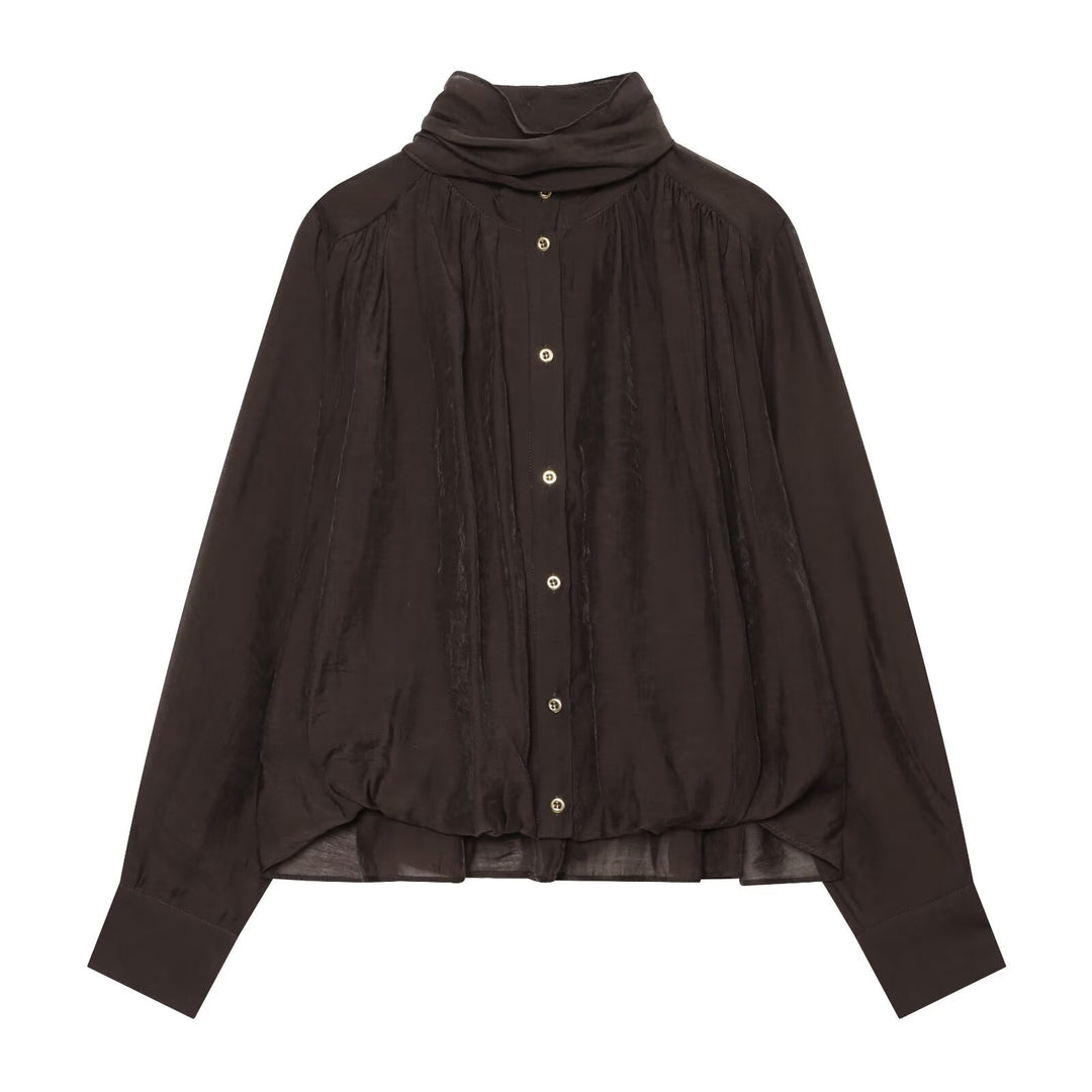 Women Transparent Blouse with Draped Tube Collar, Button Placket and Balloon Sleeves Mune Fashion