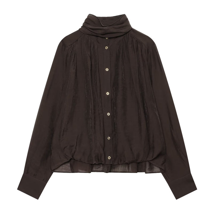 Women Transparent Blouse with Draped Tube Collar, Button Placket and Balloon Sleeves Mune Fashion