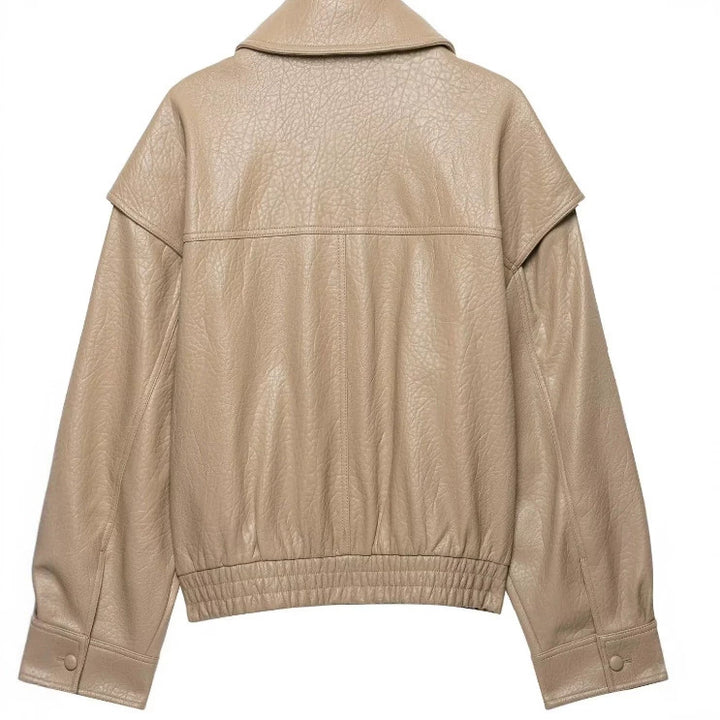 Women Short Blouson made of Artificial Leather with Double-Breasted Button Placket and Shoulder Cape Mune Fashion