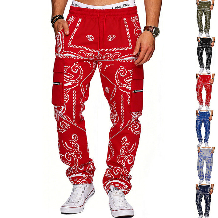 Men's cargo pants with bandana print, elastic waistband, and zipper pockets Mune Fashion