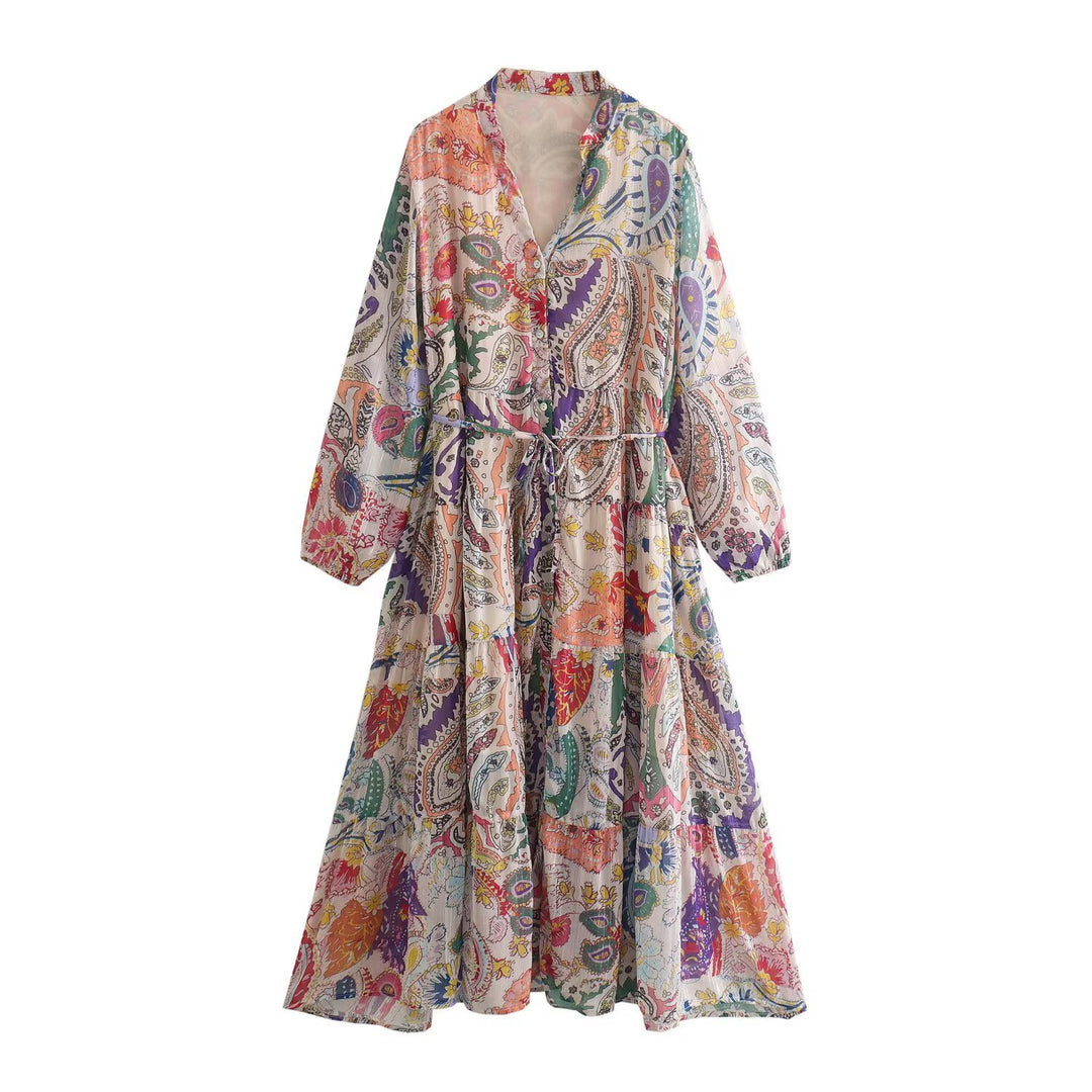 Women’s maxi dress with paisley print, V-neck, waist band and tiered skirt Mune Fashion