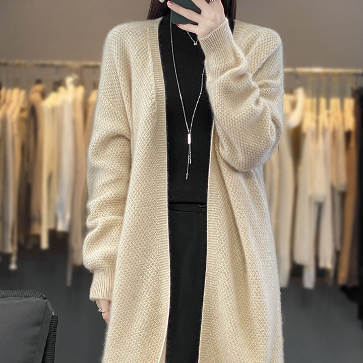 Women’s Long Open Knit Cardigan with Seed Pattern and Ribbed Edges Mune Fashion