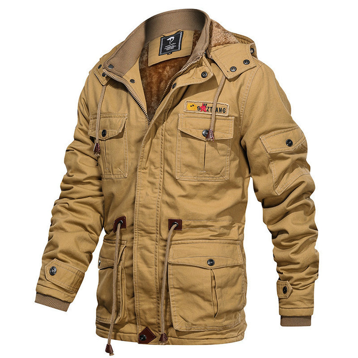 Men's Military-Inspired Canvas Field Jacket with Hood, Drawstring Waist and Fleece Lining Mune Fashion