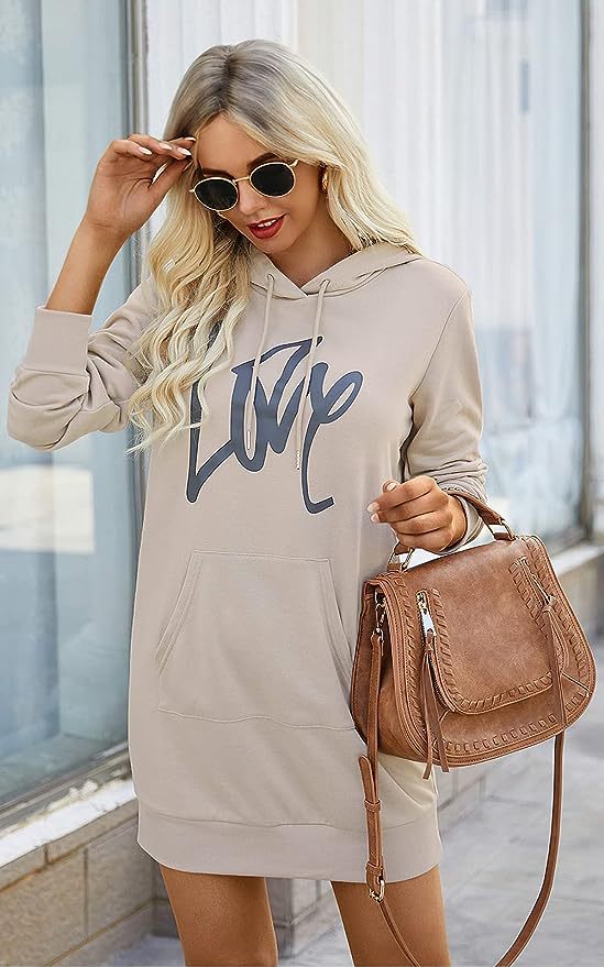 Ladies fleece hooded dress with kangaroo pocket, thumb hole sleeves and oversized sweatshirt cut Mune Fashion