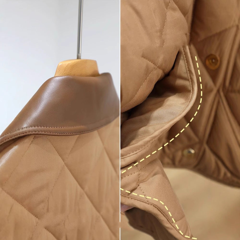 Women's quilted jacket with contrasting faux leather collar and boxy cut Mune Fashion