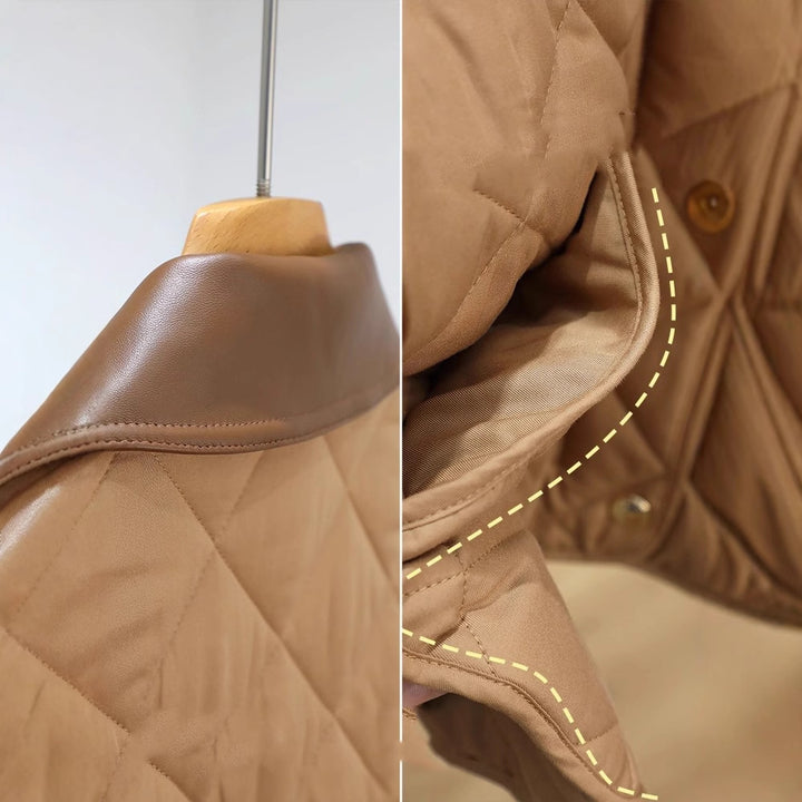 Women's quilted jacket with contrasting faux leather collar and boxy cut Mune Fashion