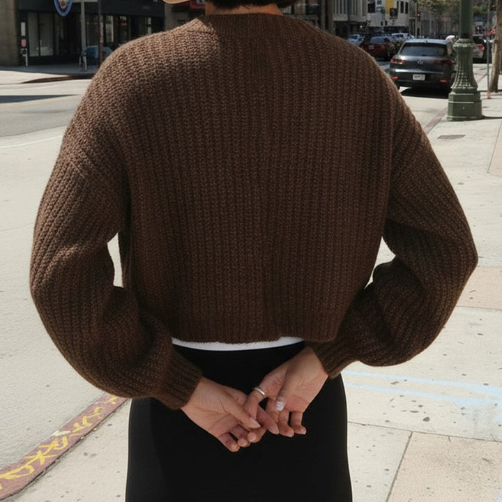 Women Short Cropped Rib Knit Cardigan with Balloon Sleeves and Decorative Button Placket Mune Fashion