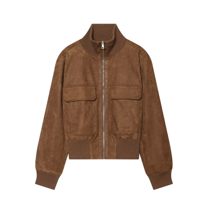 Women's short jacket made of suede leather with high ribbed collar and applied flap pockets.