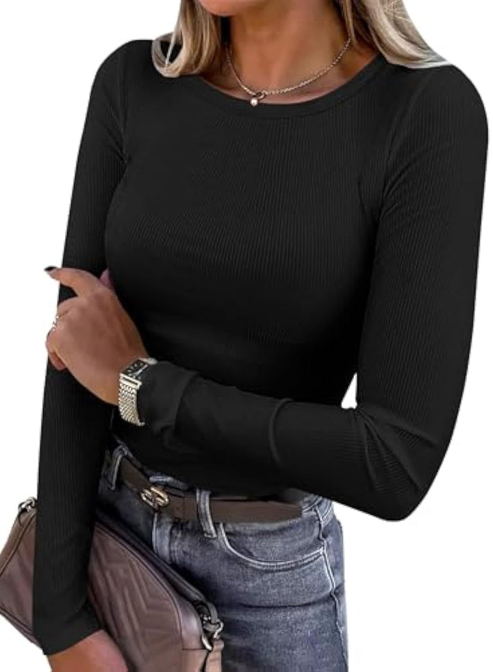 Women's Slim-Fit Ribbed Long Sleeve with Round Neckline and Stretch Cotton Blend Drune