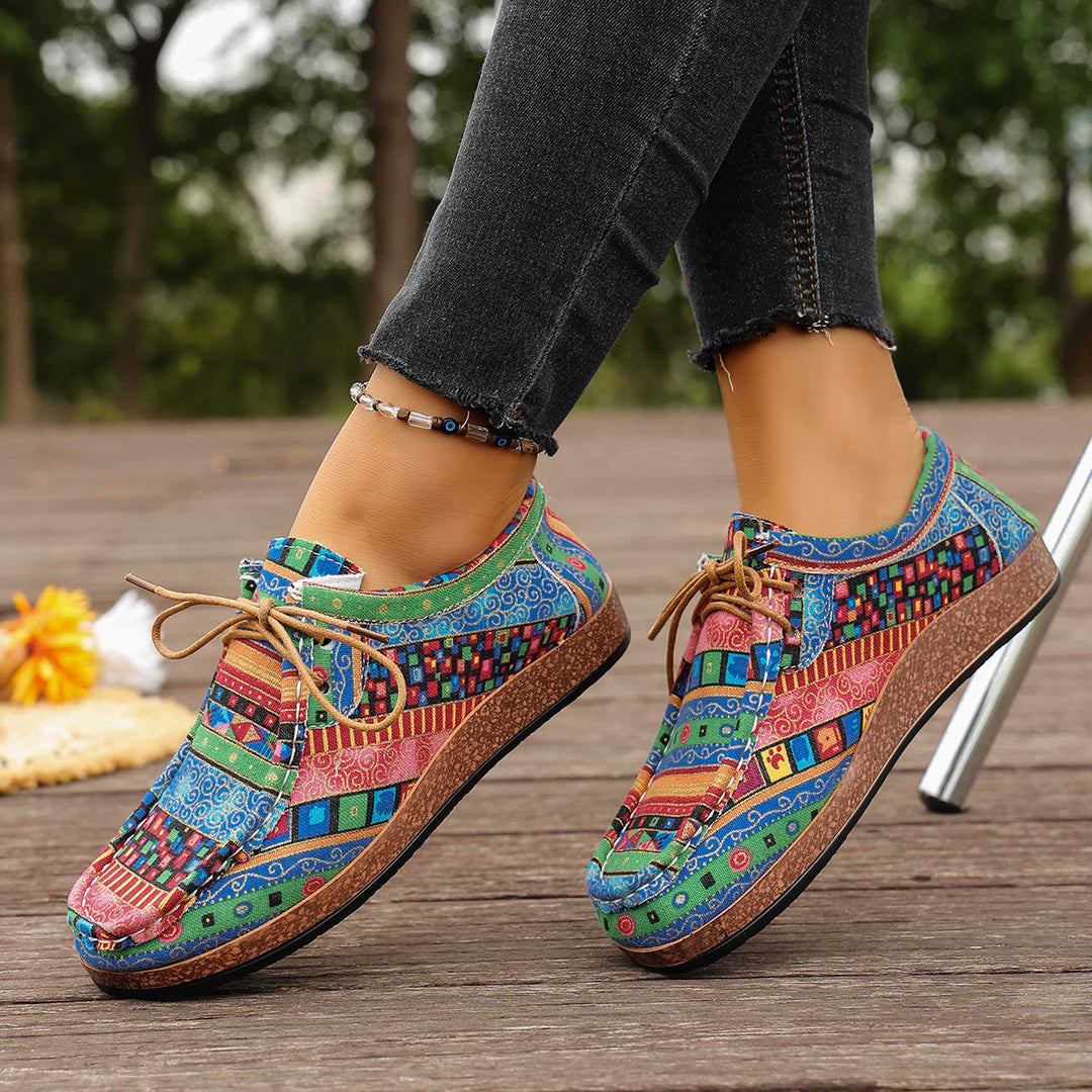 Women's colorful patterned canvas lace-up shoes with lightweight platform sole Mune Fashion