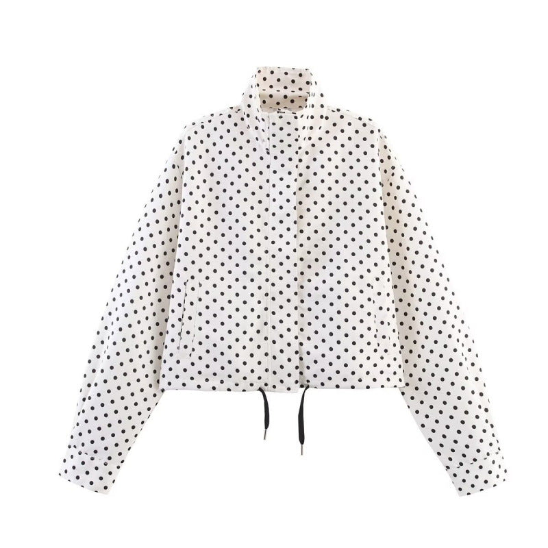 Women's Cropped Quilted Jacket with Polka Dot Print, Stand Collar and Drawstring Mune Fashion