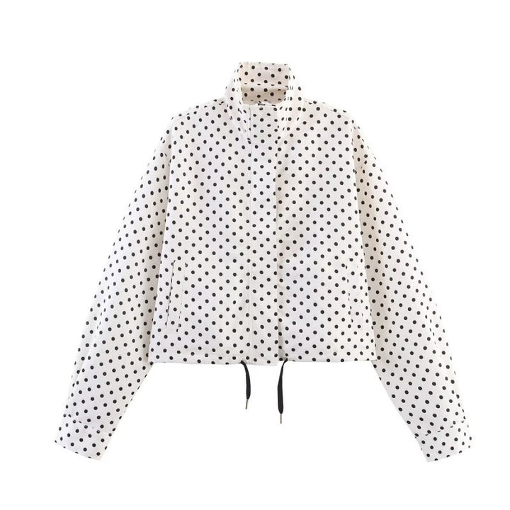 Women's Cropped Quilted Jacket with Polka Dot Print, Stand Collar and Drawstring Mune Fashion