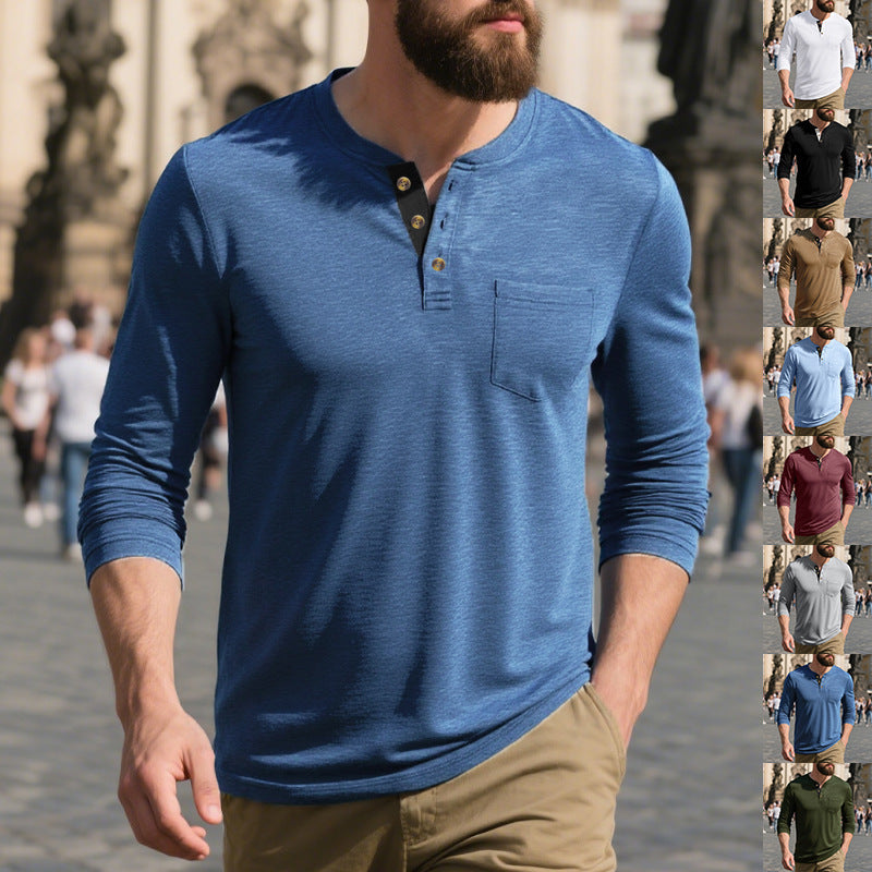 Men's narrow cut Henley shirt with breast pocket and contrasting button placket Mune Fashion