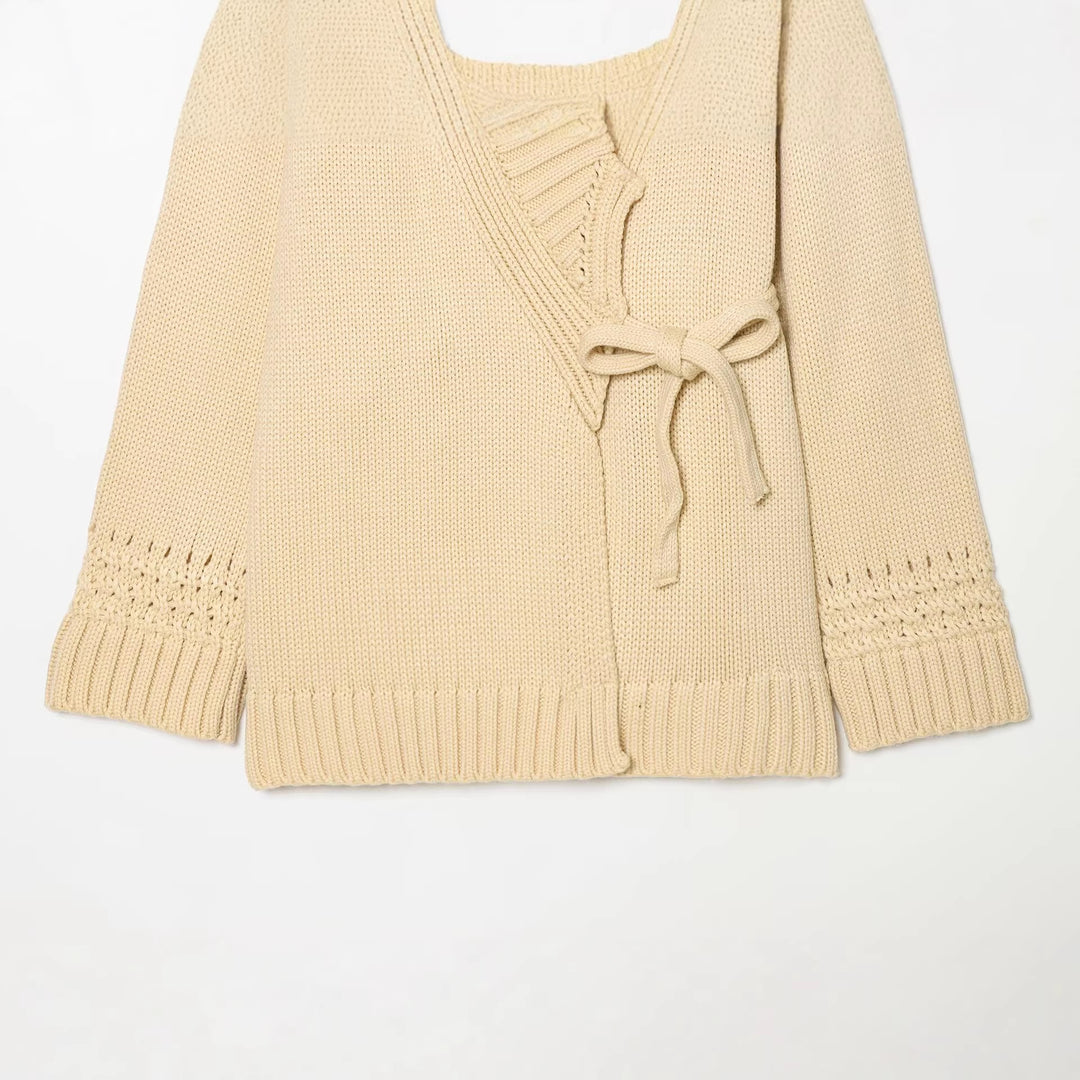 Women's wrap knit cardigan with shawl collar, tie belt and crochet sleeves Mune Fashion