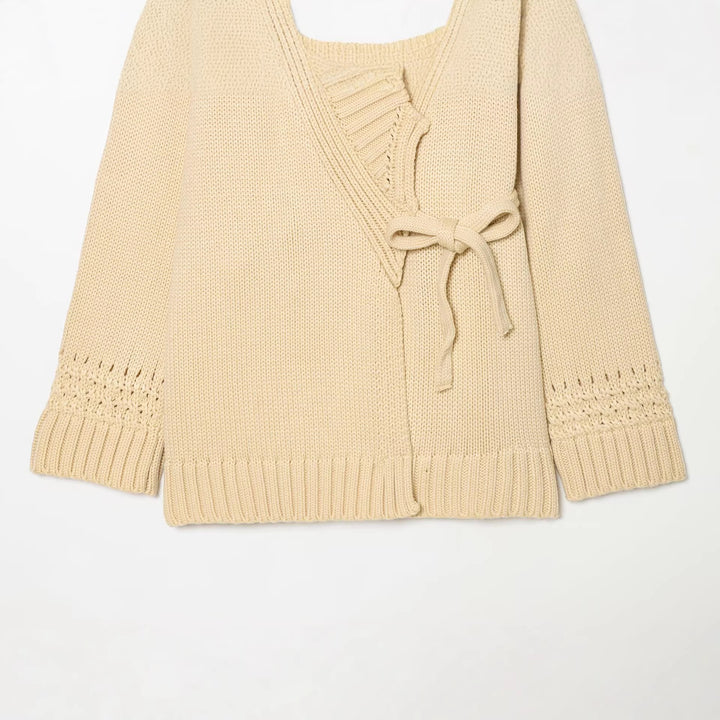 Women's wrap knit cardigan with shawl collar, tie belt and crochet sleeves Mune Fashion