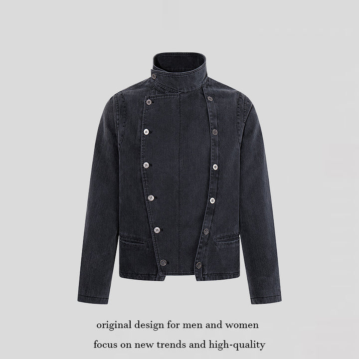 Men's asymmetrical denim jacket with stand-up collar and double-breasted snap closure Mune Fashion