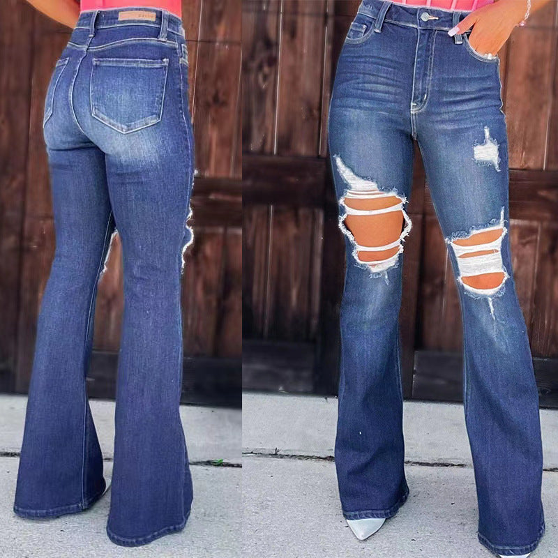 Women's nan high waist jeans with flared leg and heavy distressing at the knees Mune Fashion