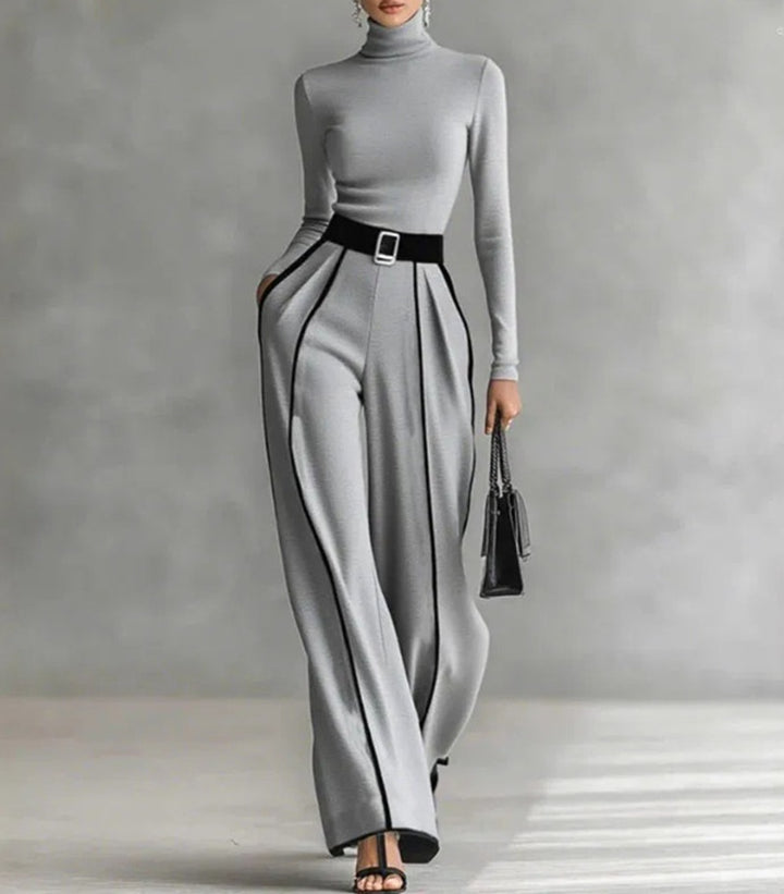 Ladies' elegant knit set with fitted turtleneck top and wide pleated trousers with waistband Mune Fashion