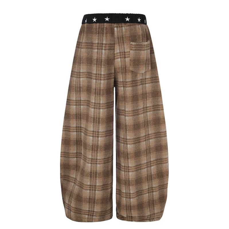 Women's Extra Wide Checked Palazzo Lounge Pants made of soft fleece with star-embellished comfort waistband, drawstring and adjustable hem.