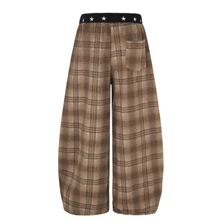 Women's Extra Wide Checked Palazzo Lounge Pants made of soft fleece with star-embellished comfort waistband, drawstring and adjustable hem.