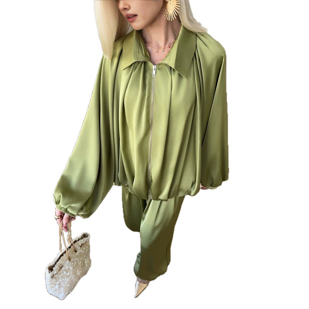Women Elegant Satin Two-Piece Set with Oversize Blouse and Wide Palazzo Pants Mune Fashion