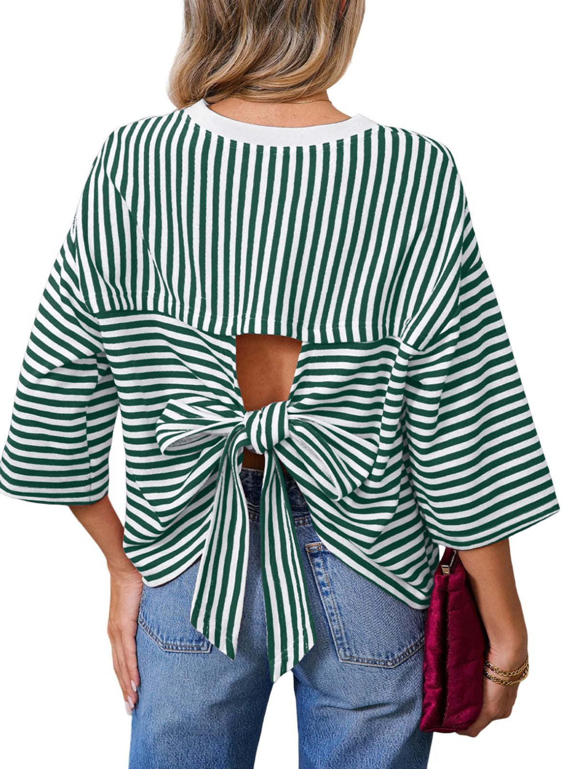 Women's Striped Oversize Shirt with Back Cutout and Bow Tie Mune Fashion