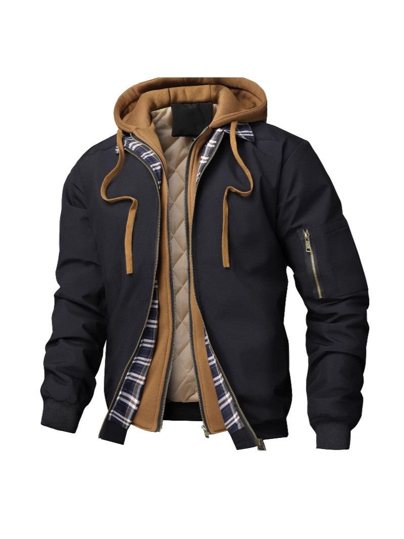 Men's Layered Bomber Jacket with Hood Inlay, Quilted Inner Vest and Arm Pocket Mune Fashion