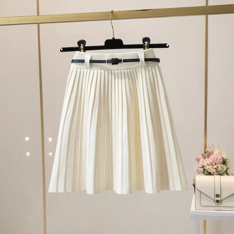 Ladies Pleated Midi Skirt with Decorative Elastic Waistband Mune Fashion