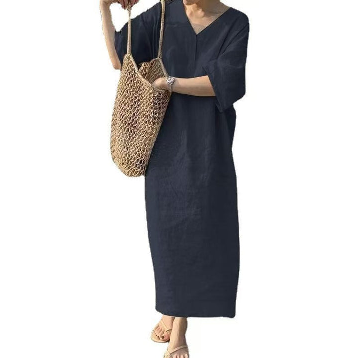 Women's Casual Linen Maxi Dress with V-Neck and Oversize Relax Fit