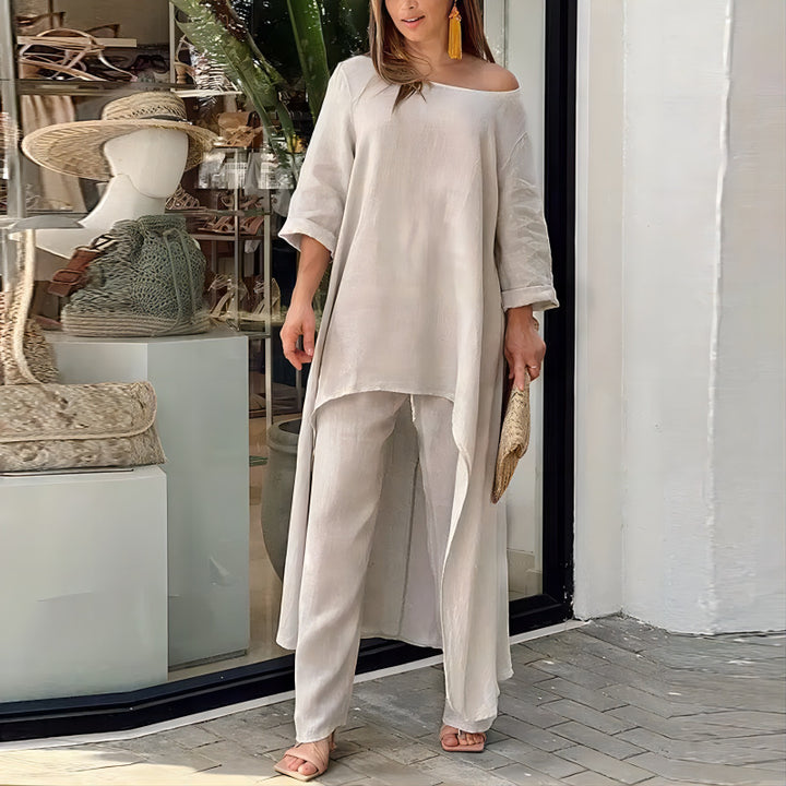 Women's oversized linen two-piece set with asymmetrical tunic and loose Marlene pants Mune Fashion