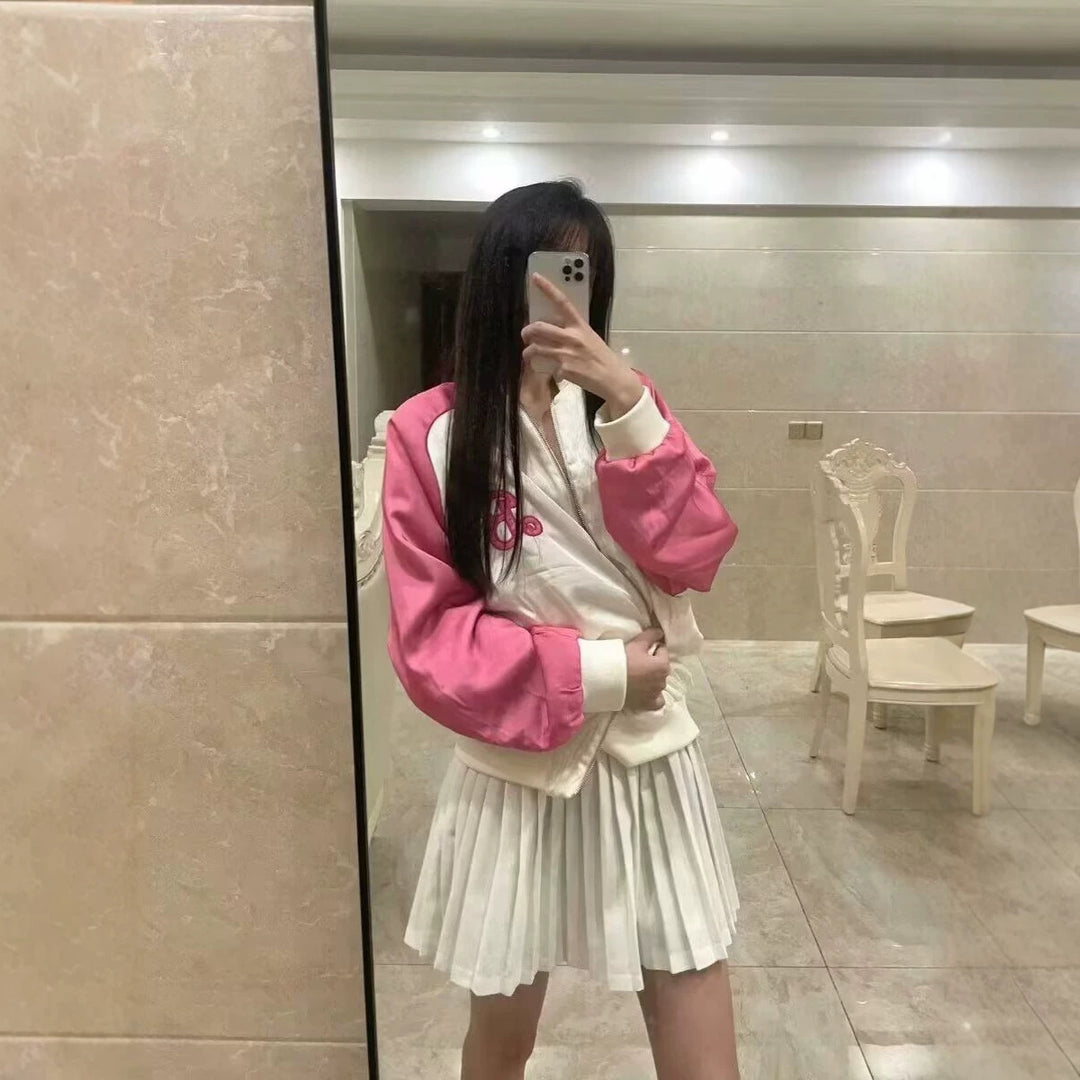 Ladies College Bomber Jacket with Contrast Sleeves and Embroidered Monogram Mune Fashion