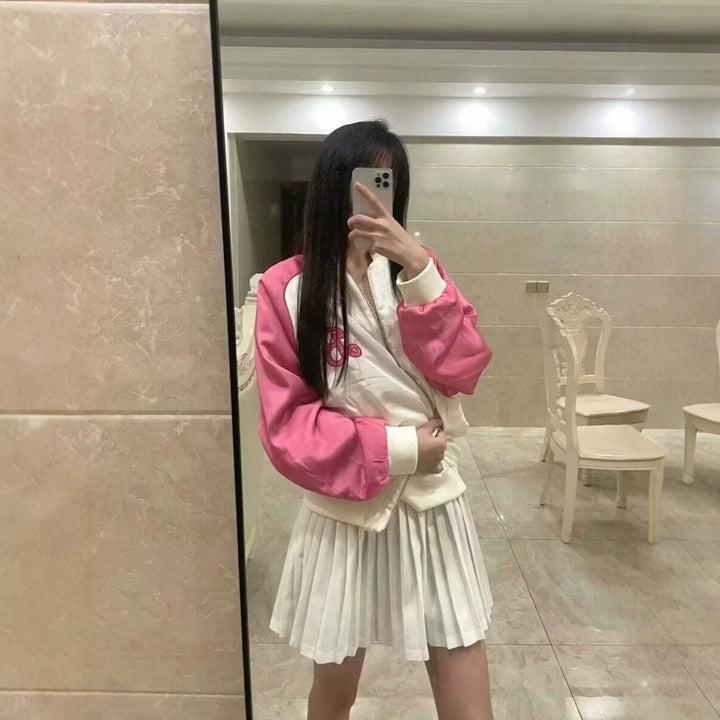 Ladies College Bomber Jacket with Contrast Sleeves and Embroidered Monogram Mune Fashion