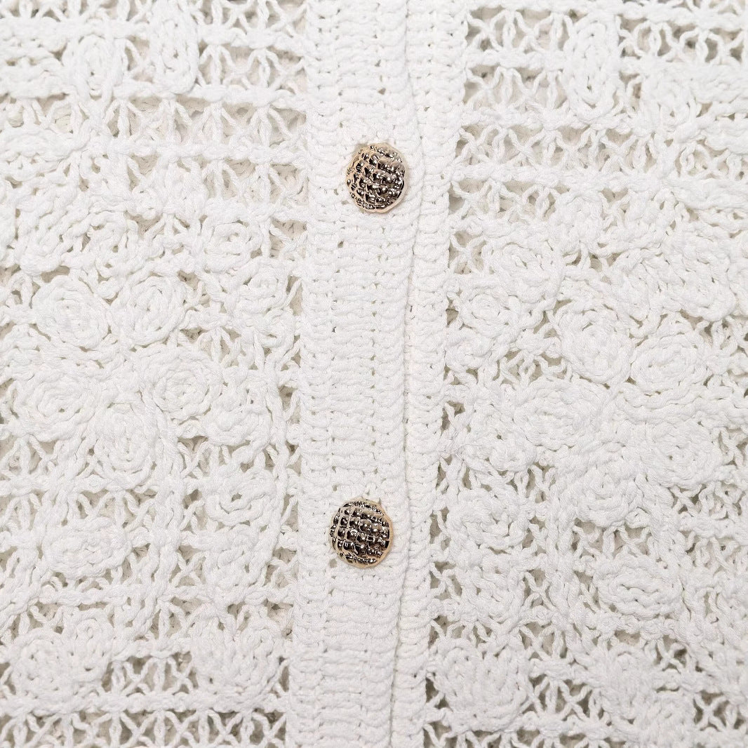 Women's Crocheted Short Jacket in Boucle Look with Decorative Buttons and Patch Pockets Mune Fashion