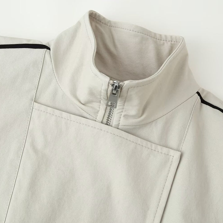 Ladies sporty-minimalist transitional jacket with high funnel collar, concealed placket and contrast piping Mune Fashion