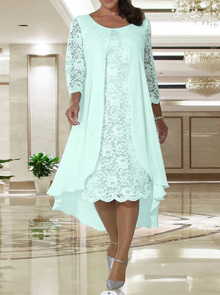 Ladies' elegant chiffon lace dress with high-low overlay and three-quarter sleeves Mune Fashion